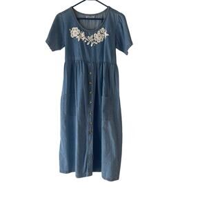 True Blue Vintage 90s Women's Size 12 Lace‎ Button Denim Cottage Dress